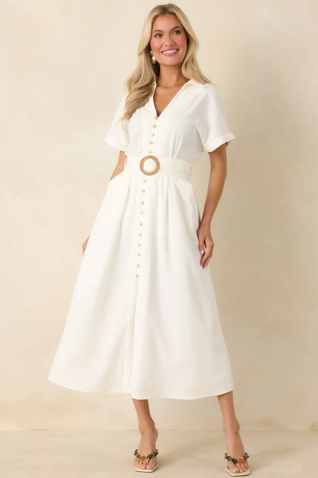 Women's Lily Glow Ivory Button Front Belted Maxi Dress | 70% Linen 4