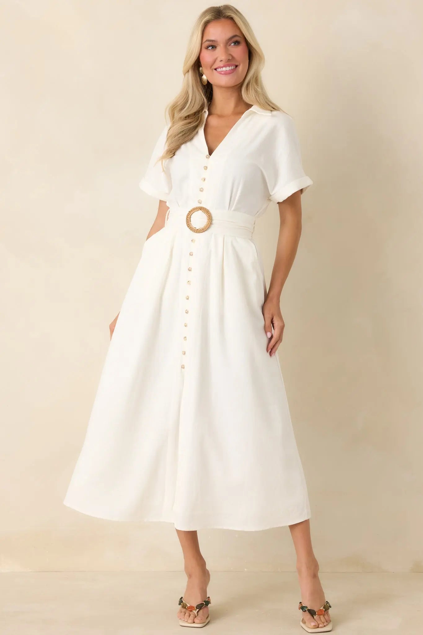 Women's Lily Glow Ivory Button Front Belted Maxi Dress | 70% Linen 4