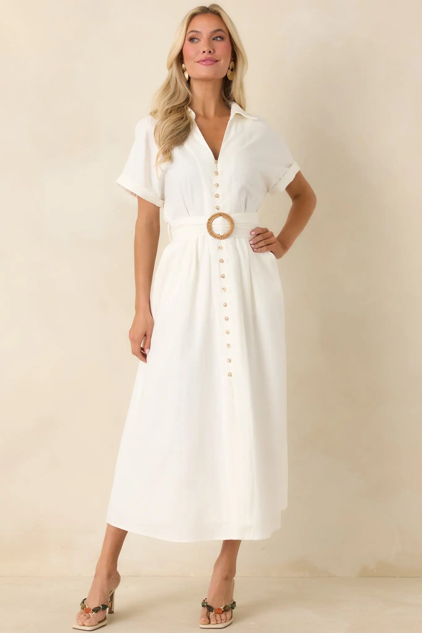 Women's Lily Glow Ivory Button Front Belted Maxi Dress | 70% Linen 5