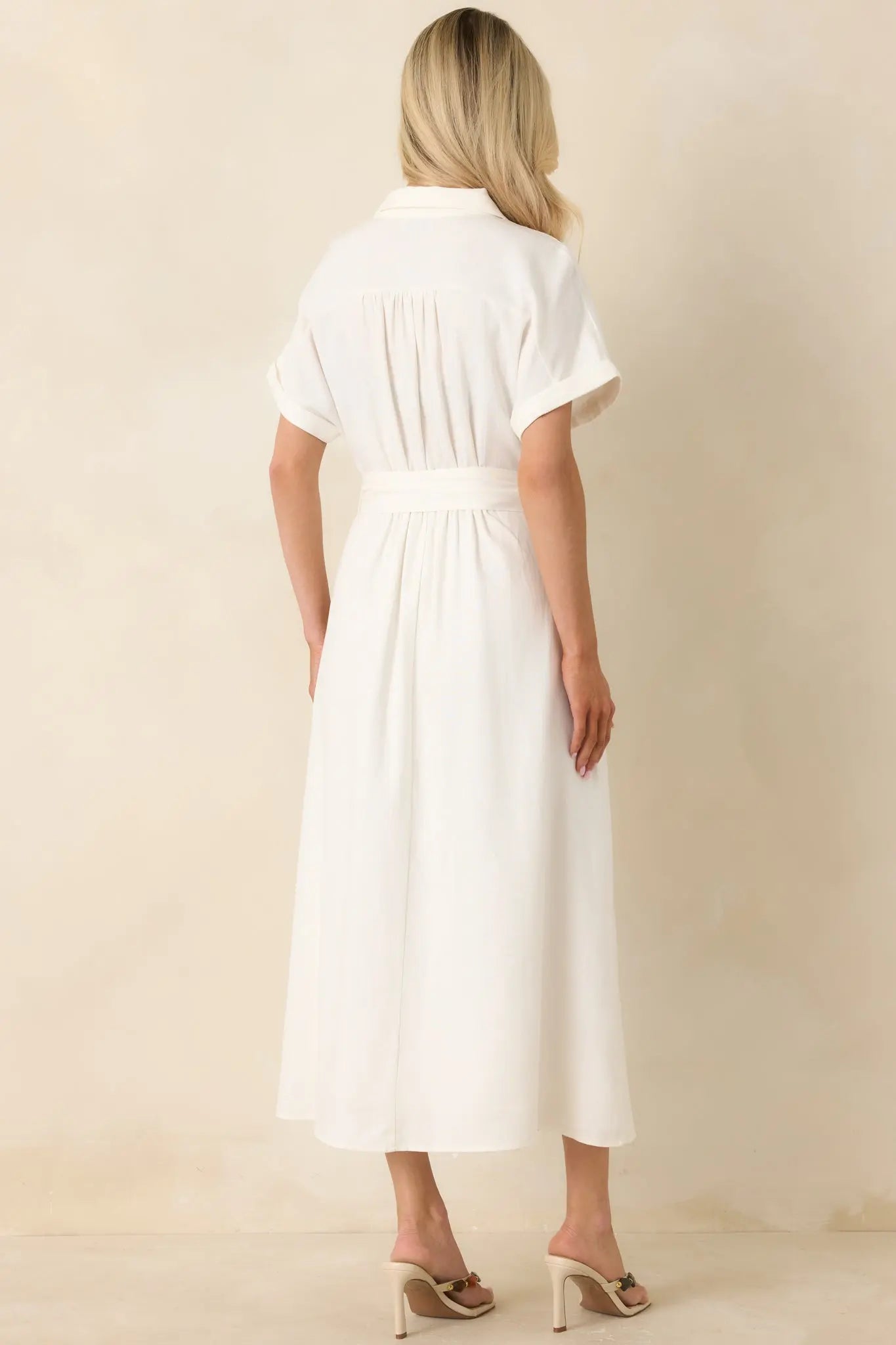 Women's Lily Glow Ivory Button Front Belted Maxi Dress | 70% Linen 7