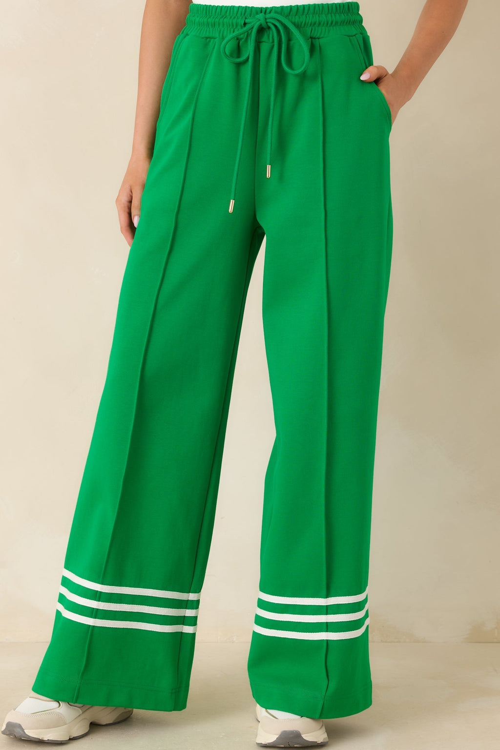Women's Line & Leisure Green Cotton Blend Contrast Stripe Drawstring Pants | 60% Cotton & 40% Polyester 0