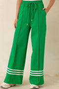Women's Line & Leisure Green Cotton Blend Contrast Stripe Drawstring Pants | 60% Cotton & 40% Polyester 0