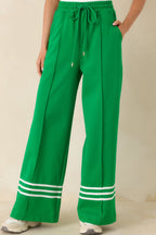 Women's Line & Leisure Green Cotton Blend Contrast Stripe Drawstring Pants | 60% Cotton & 40% Polyester 0