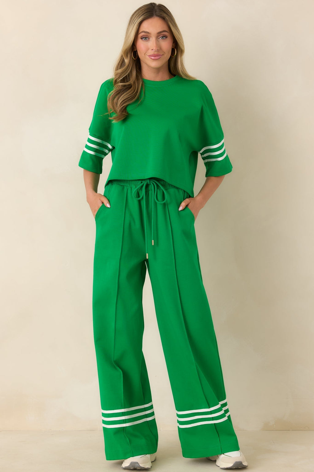 Women's Line & Leisure Green Cotton Blend Contrast Stripe Drawstring Pants | 60% Cotton & 40% Polyester 1