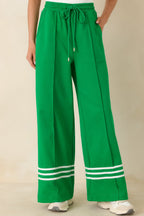 Women's Line & Leisure Green Cotton Blend Contrast Stripe Drawstring Pants | 60% Cotton & 40% Polyester 2