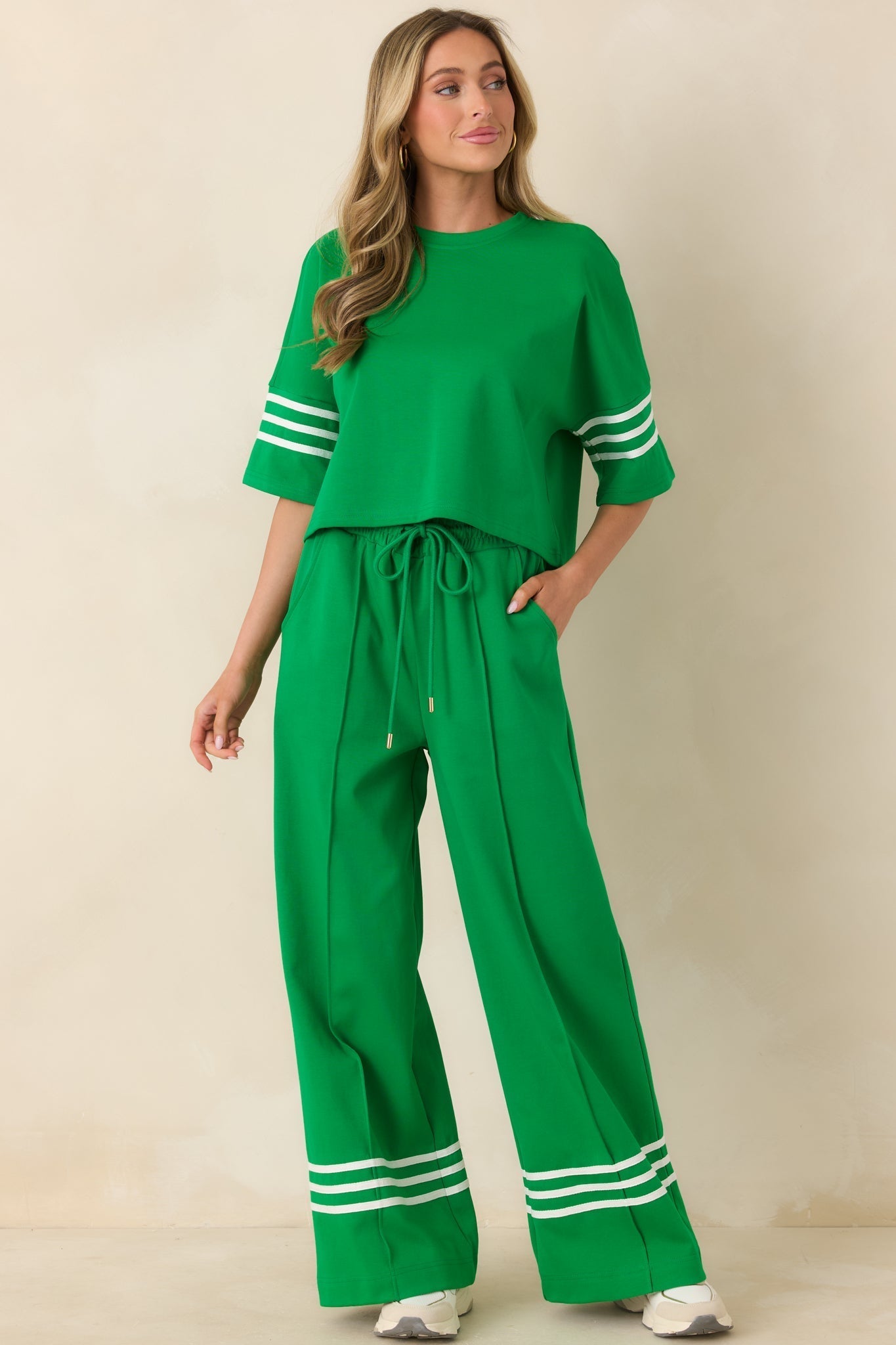 Women's Line & Leisure Green Cotton Blend Contrast Stripe Drawstring Pants | 60% Cotton & 40% Polyester 3