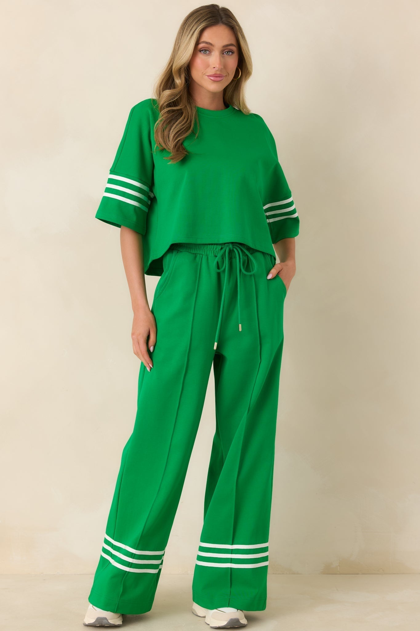 Women's Line & Leisure Green Cotton Blend Contrast Stripe Drawstring Pants | 60% Cotton & 40% Polyester 4