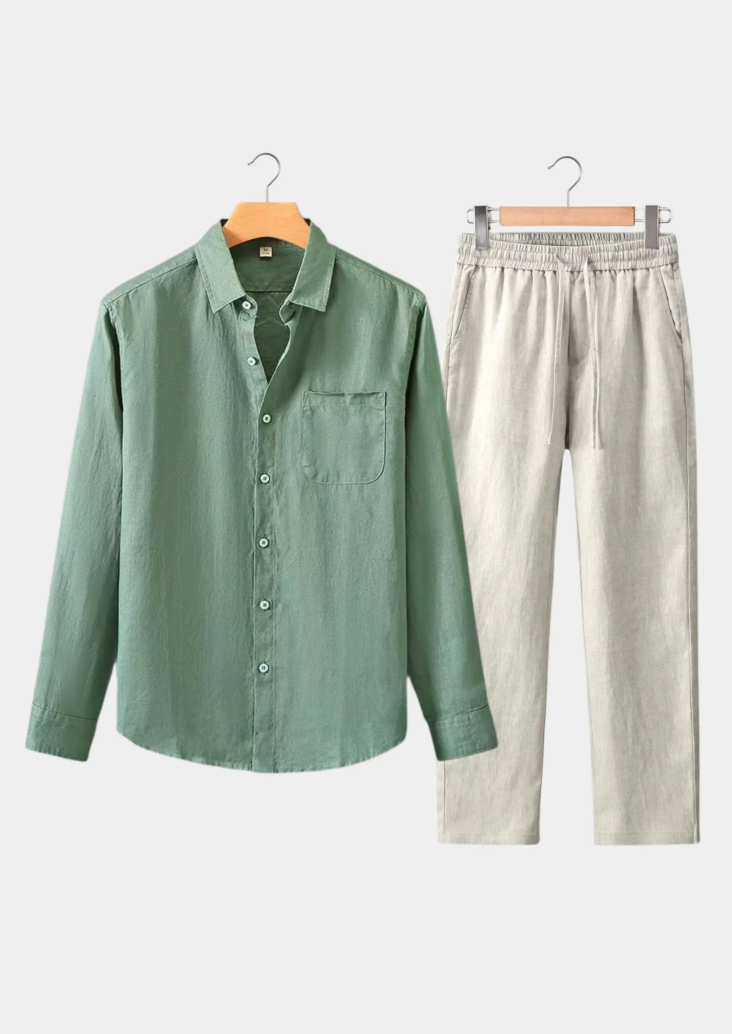 Women's Linen Longsleeve Summer Set - Green/Beige 0