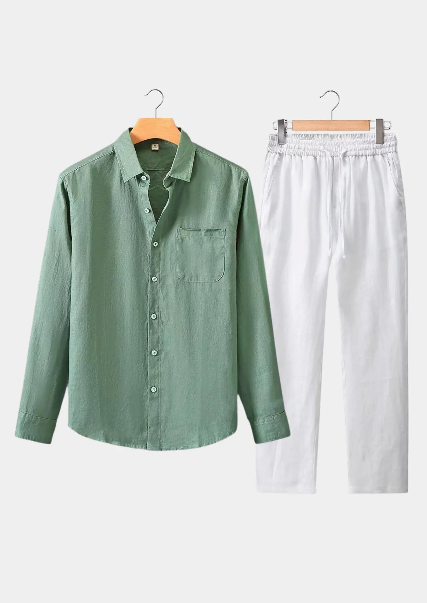 Women's Linen Longsleeve Summer Set - Green/White 0