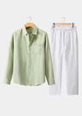 Women's Linen Longsleeve Summer Set - Mint Green/White 0