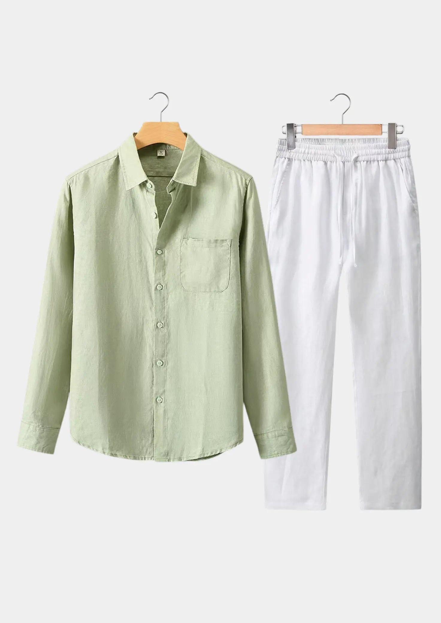 Women's Linen Longsleeve Summer Set - Mint Green/White 0