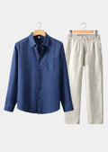 Women's Linen Longsleeve Summer Set - Navy Blue/Beige 0