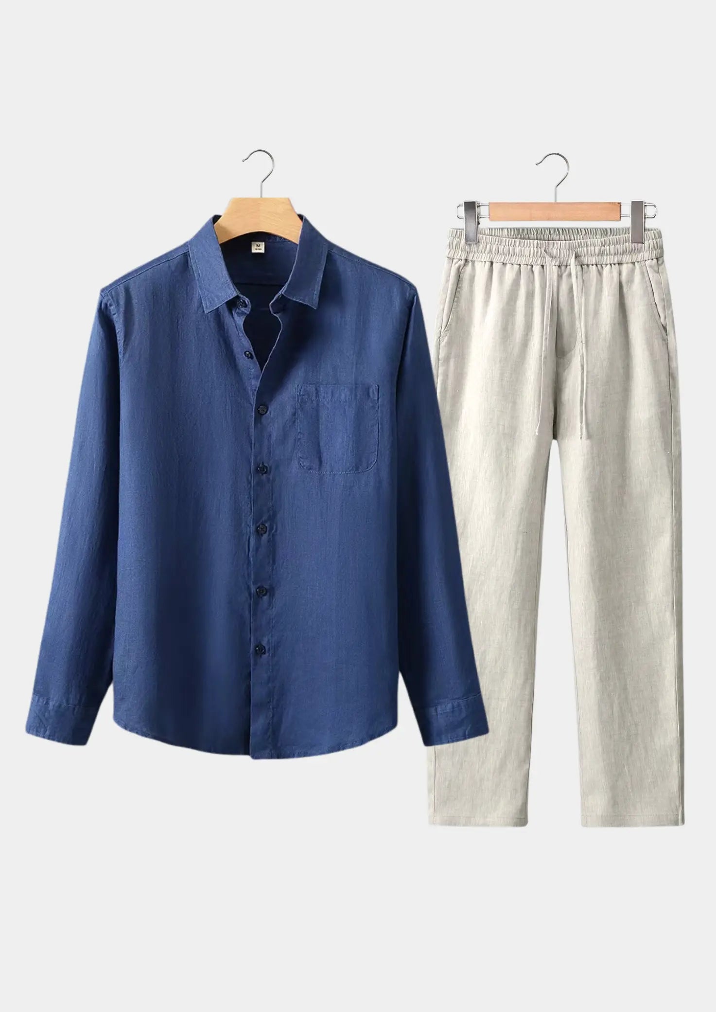 Women's Linen Longsleeve Summer Set - Navy Blue/Beige 0