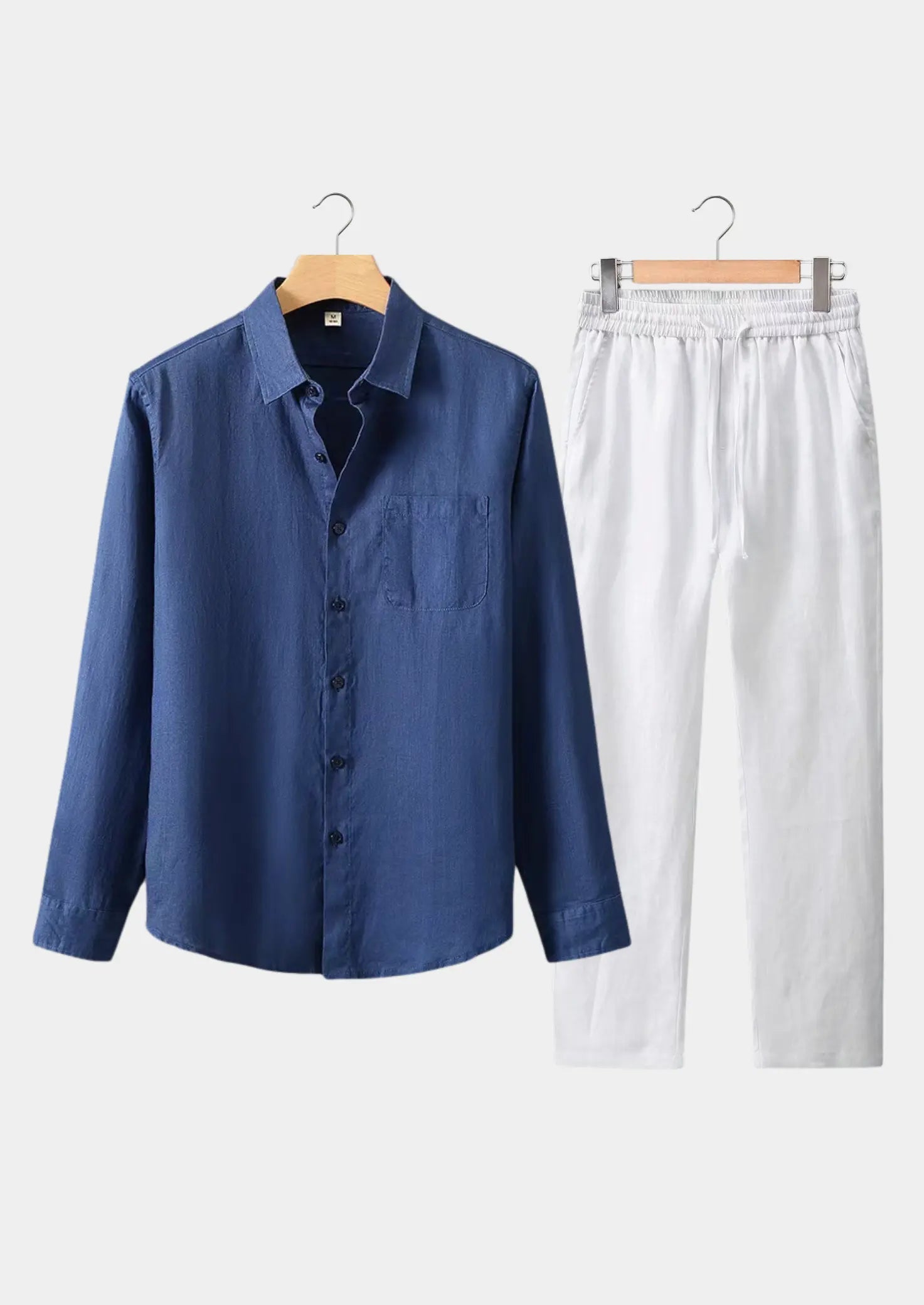 Women's Linen Longsleeve Summer Set - Navy Blue/White 0
