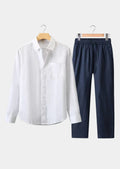 Women's Linen Longsleeve Summer Set - White/Navy Blue 0