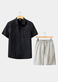 Women's Linen Shortsleeve Summer Set - Black/Beige 0