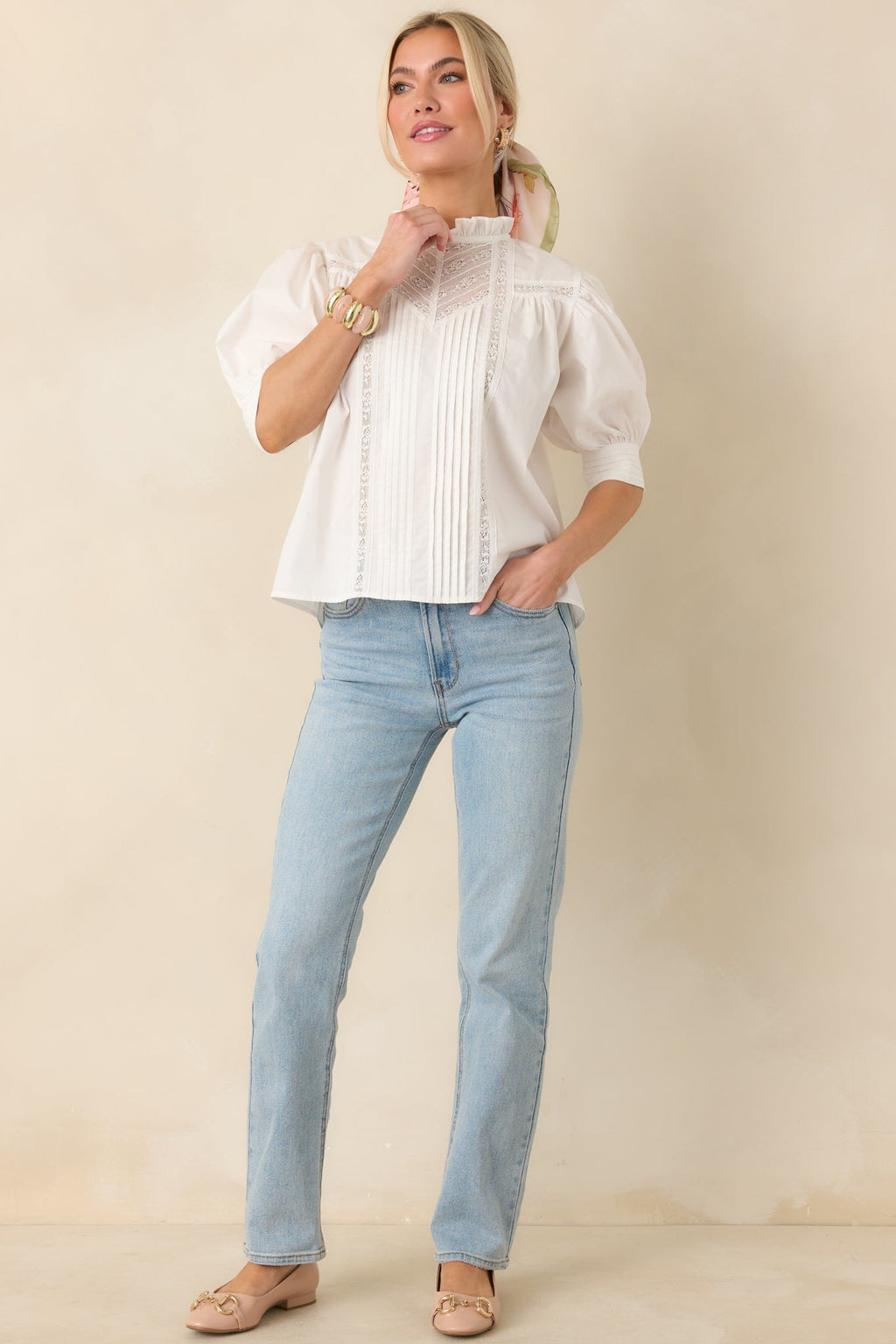 Women's Lines Yet Written White Cotton Pintuck and Lace Puff Sleeve Top | 100% Cotton 0