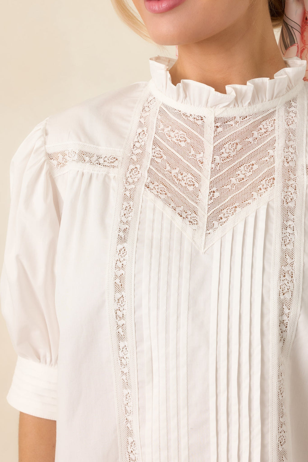 Women's Lines Yet Written White Cotton Pintuck and Lace Puff Sleeve Top | 100% Cotton 1