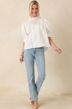 Women's Lines Yet Written White Cotton Pintuck and Lace Puff Sleeve Top | 100% Cotton 2