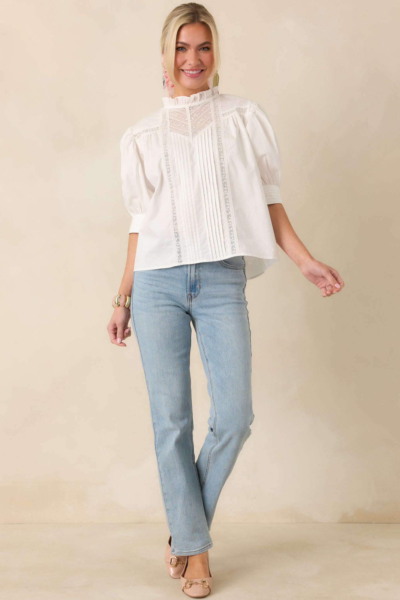 Women's Lines Yet Written White Cotton Pintuck and Lace Puff Sleeve Top | 100% Cotton 2