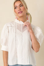 Women's Lines Yet Written White Cotton Pintuck and Lace Puff Sleeve Top | 100% Cotton 3