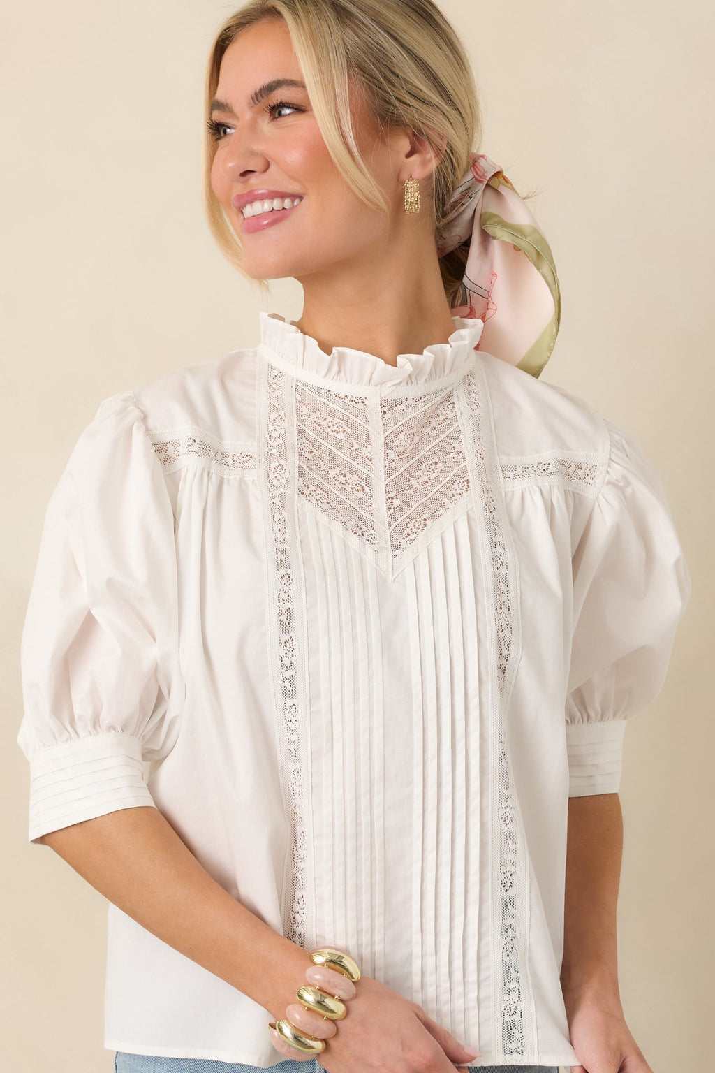 Women's Lines Yet Written White Cotton Pintuck and Lace Puff Sleeve Top | 100% Cotton 4