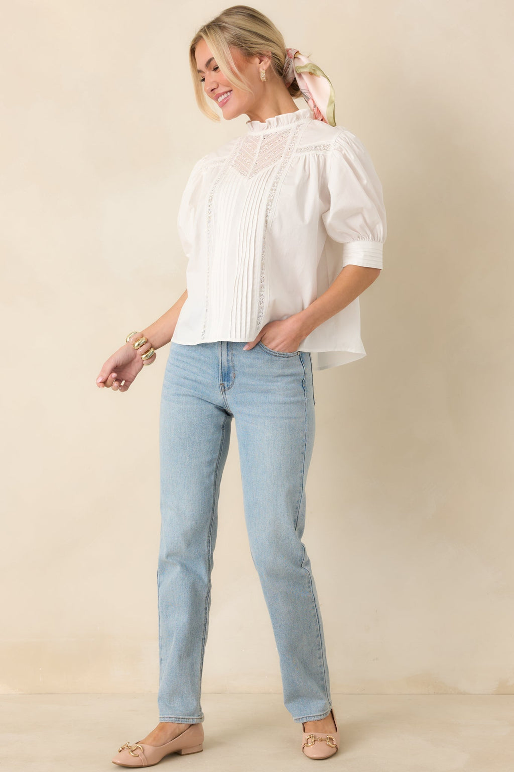 Women's Lines Yet Written White Cotton Pintuck and Lace Puff Sleeve Top | 100% Cotton 5