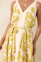 Women's Living For It Light Green & Ivory Floral V-Neck Tie Belt Dress | 100% Polyester Contrast: 100% Polyester 1