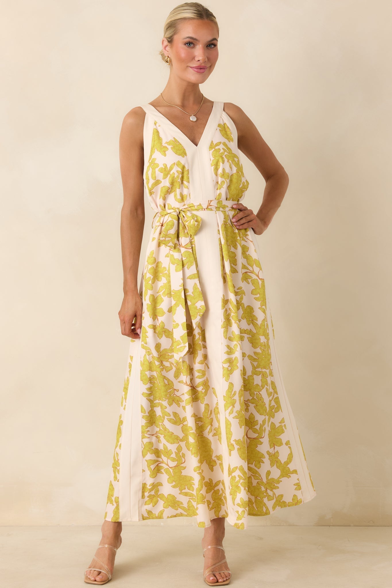 Women's Living For It Light Green & Ivory Floral V-Neck Tie Belt Dress | 100% Polyester Contrast: 100% Polyester 5