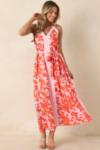 Women's Living For It Orange & Light Pink Floral V-Neck Tie Belt Dress | 100% Polyester Contrast: 100% Polyester 0