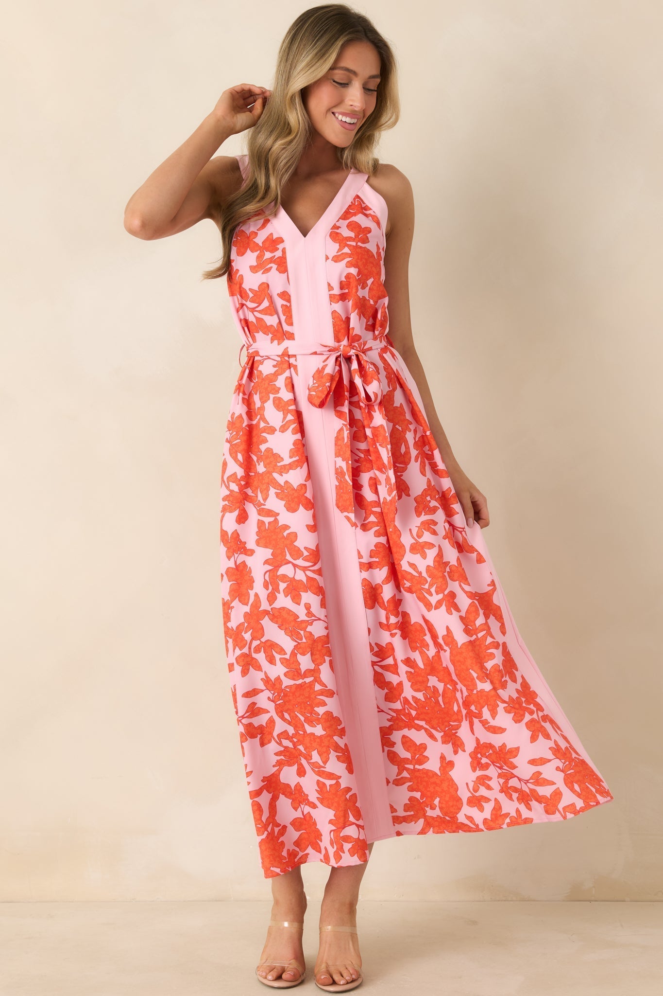 Women's Living For It Orange & Light Pink Floral V-Neck Tie Belt Dress | 100% Polyester Contrast: 100% Polyester 0
