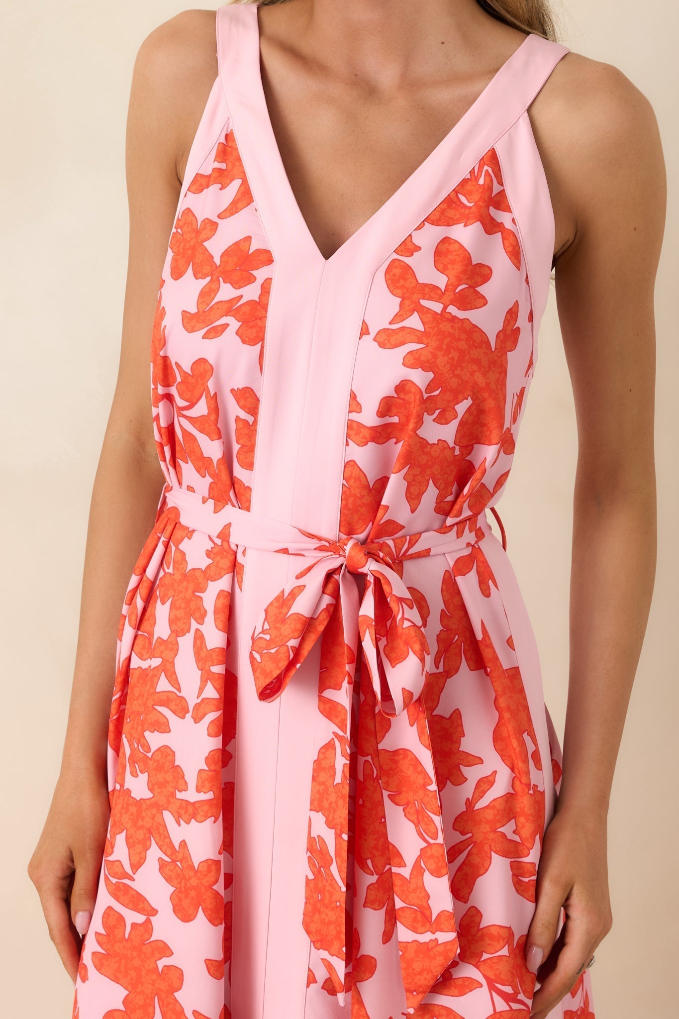Women's Living For It Orange & Light Pink Floral V-Neck Tie Belt Dress | 100% Polyester Contrast: 100% Polyester 1