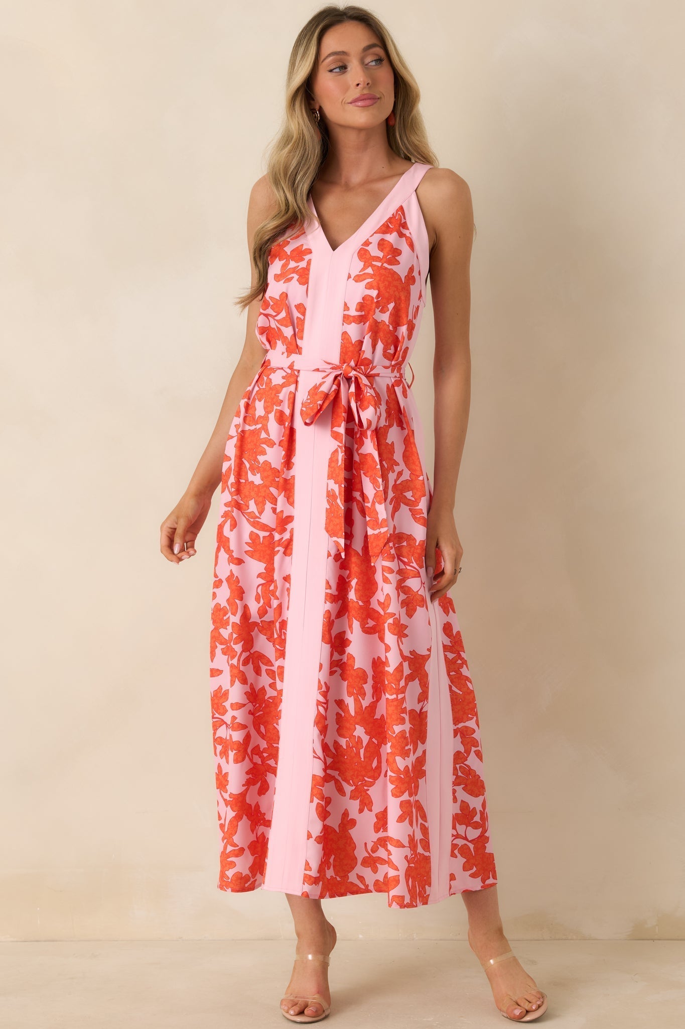 Women's Living For It Orange & Light Pink Floral V-Neck Tie Belt Dress | 100% Polyester Contrast: 100% Polyester 2