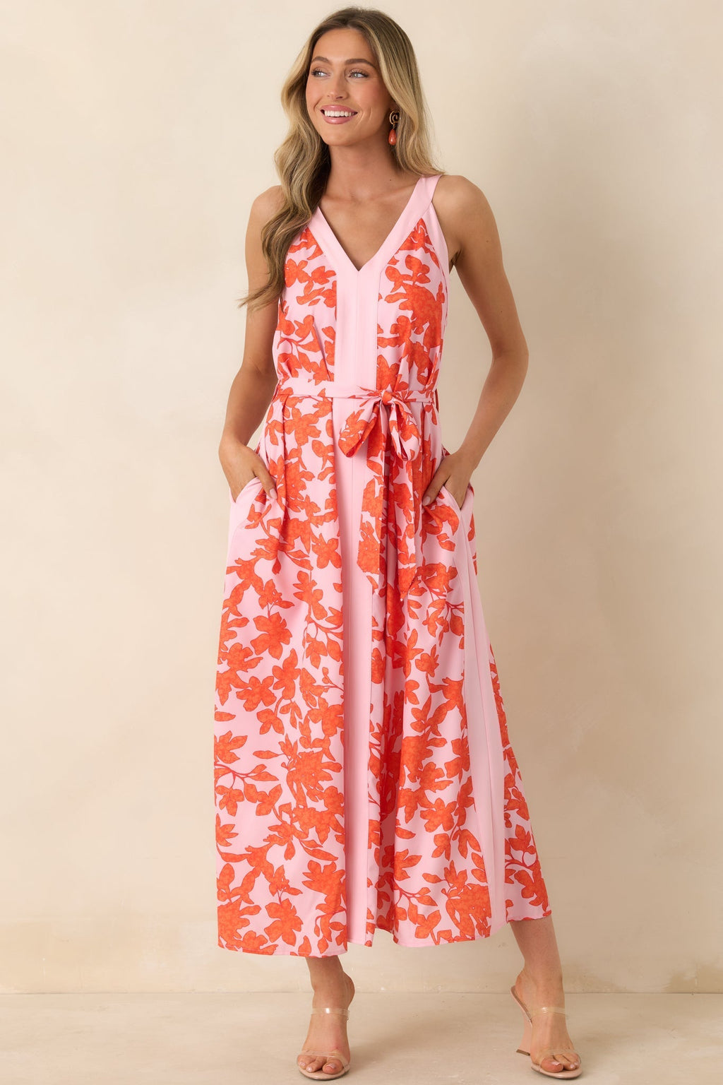 Women's Living For It Orange & Light Pink Floral V-Neck Tie Belt Dress | 100% Polyester Contrast: 100% Polyester 3