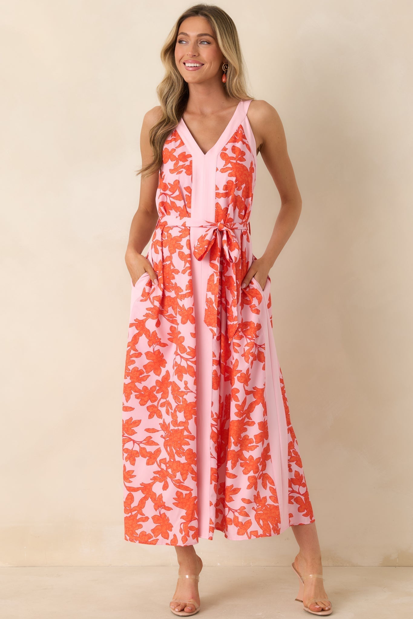 Women's Living For It Orange & Light Pink Floral V-Neck Tie Belt Dress | 100% Polyester Contrast: 100% Polyester 3