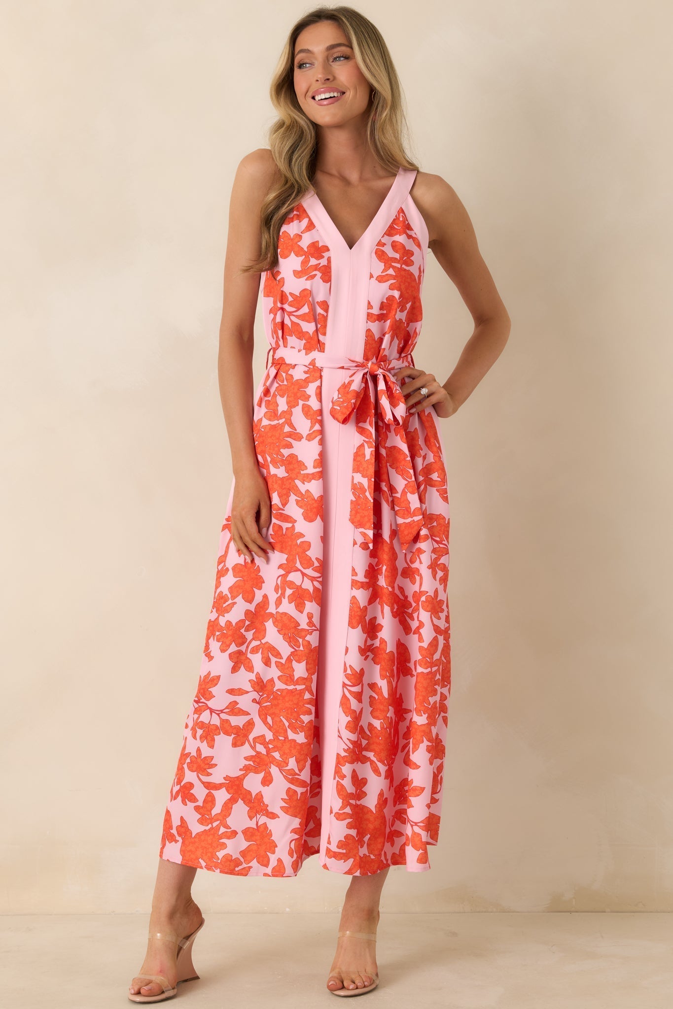 Women's Living For It Orange & Light Pink Floral V-Neck Tie Belt Dress | 100% Polyester Contrast: 100% Polyester 4