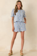 Women's Look At You Blue Cotton Floral Embroidered Button Front Top | 100% Cotton 0