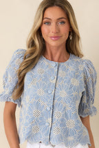 Women's Look At You Blue Cotton Floral Embroidered Button Front Top | 100% Cotton 1