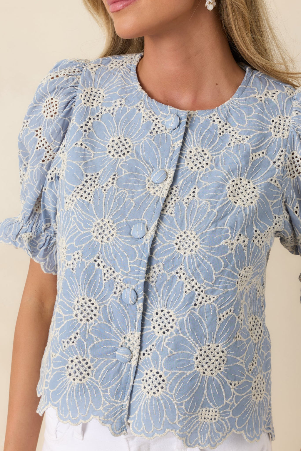 Women's Look At You Blue Cotton Floral Embroidered Button Front Top | 100% Cotton 2