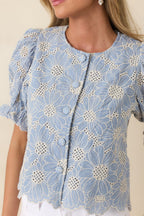 Women's Look At You Blue Cotton Floral Embroidered Button Front Top | 100% Cotton 2
