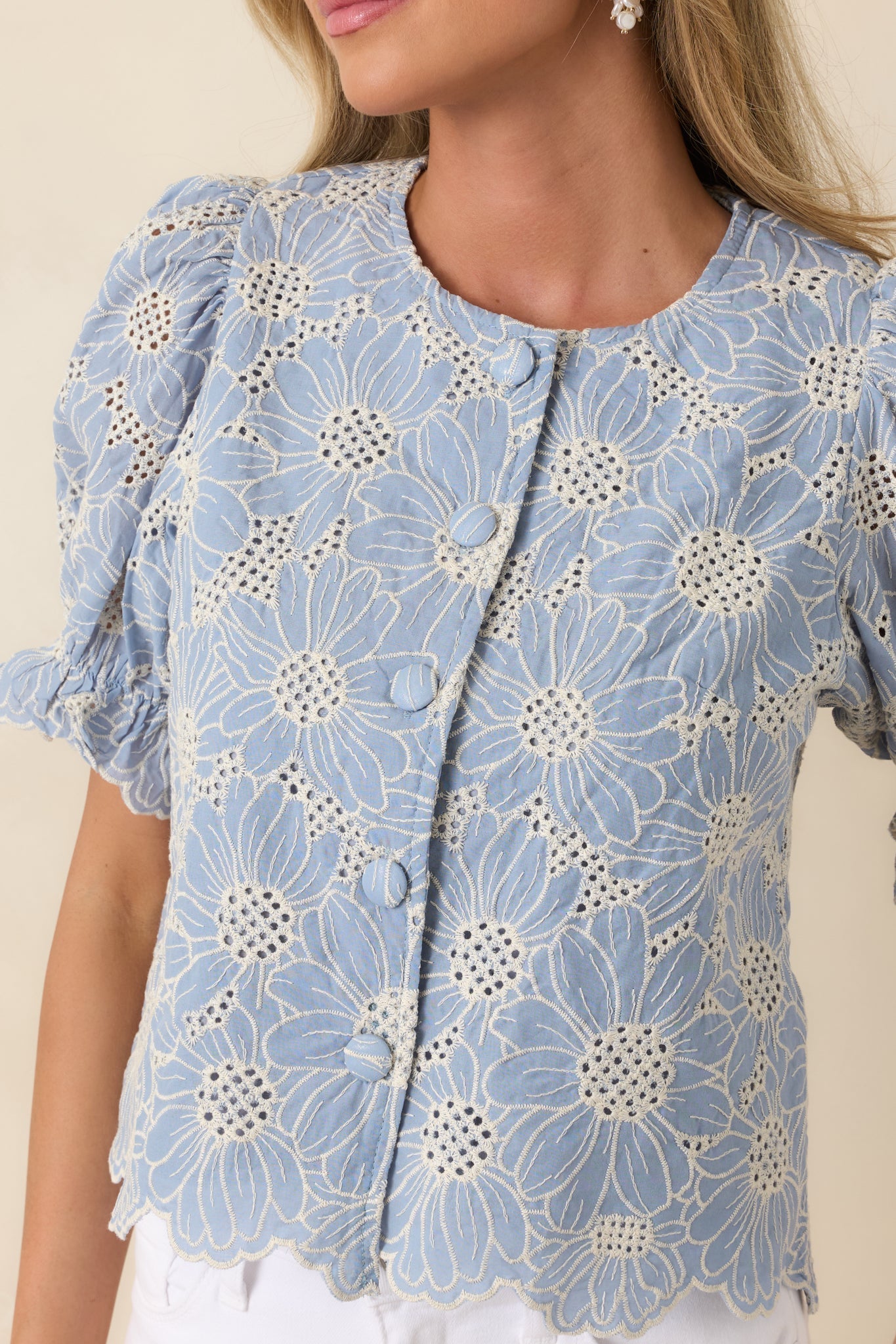 Women's Look At You Blue Cotton Floral Embroidered Button Front Top | 100% Cotton 2