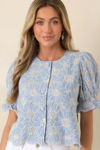 Women's Look At You Blue Cotton Floral Embroidered Button Front Top | 100% Cotton 7