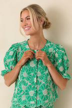Women's Look At You Green Cotton Floral Embroidered Button Front Top | 100% Cotton 1