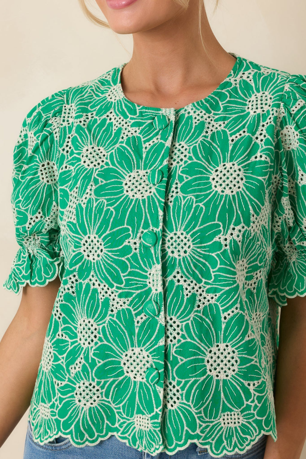 Women's Look At You Green Cotton Floral Embroidered Button Front Top | 100% Cotton 2