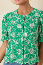 Women's Look At You Green Cotton Floral Embroidered Button Front Top | 100% Cotton 2