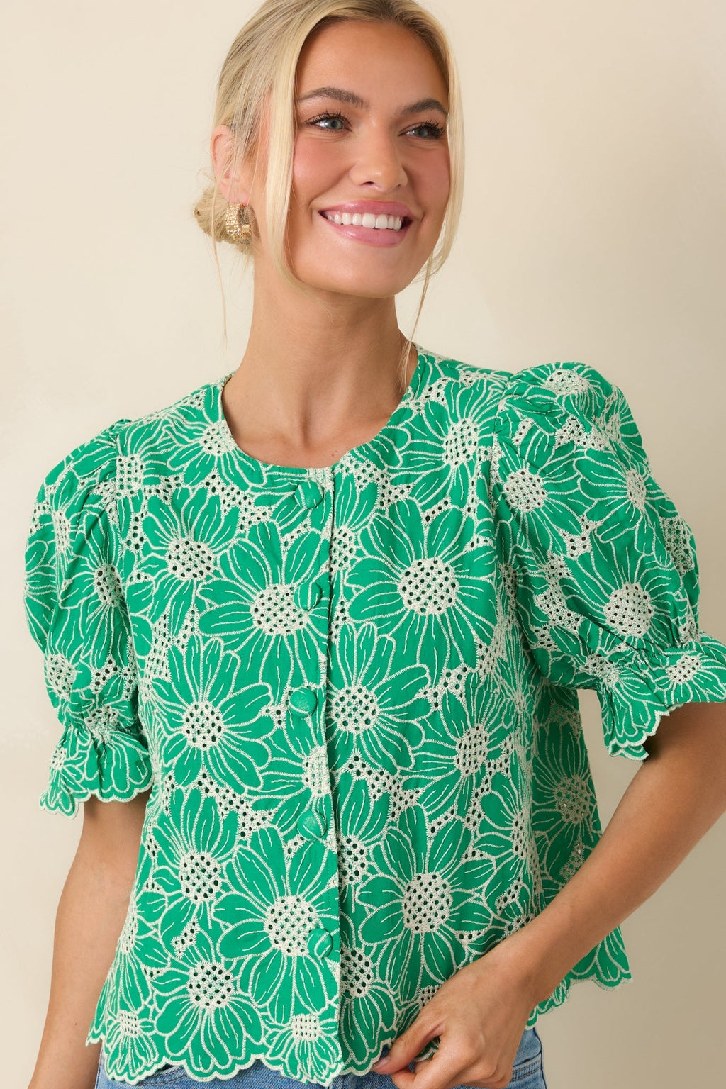 Women's Look At You Green Cotton Floral Embroidered Button Front Top | 100% Cotton 4
