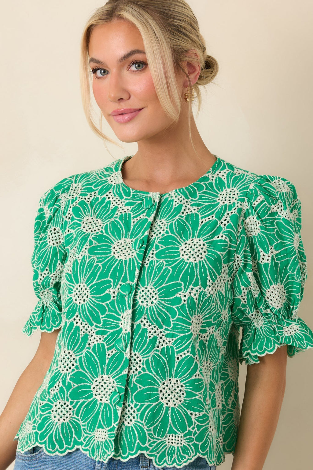 Women's Look At You Green Cotton Floral Embroidered Button Front Top | 100% Cotton 5