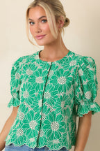 Women's Look At You Green Cotton Floral Embroidered Button Front Top | 100% Cotton 5