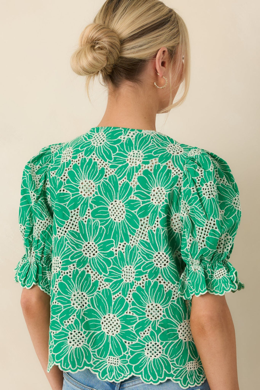 Women's Look At You Green Cotton Floral Embroidered Button Front Top | 100% Cotton 7