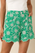 Women's Look At You Green Cotton Floral Embroidered Shorts | 100% Cotton 0